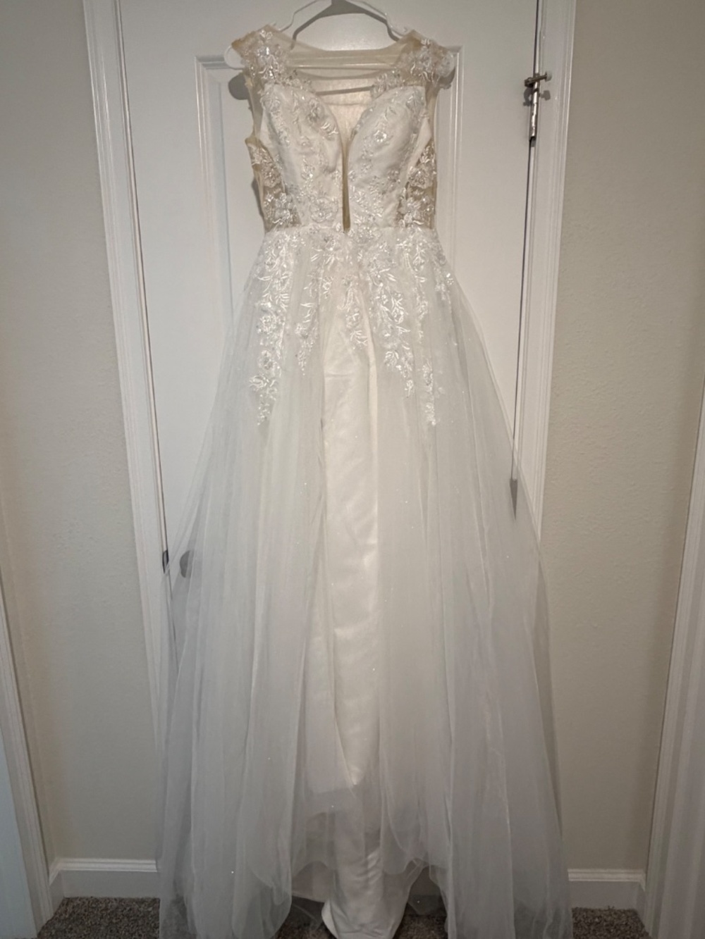 Ethereal Floral Lace A-Line Wedding Gown Illusion Back Sparkle Tule